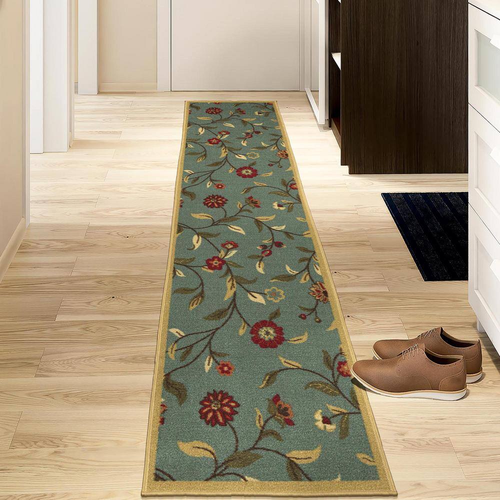 Seafoam Green Floral Non-Slip Hallway Runner Rug