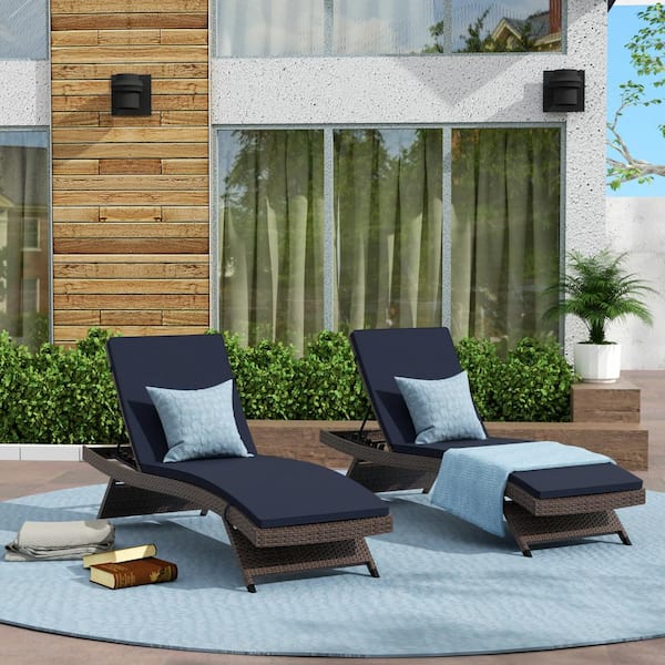 Multi-Functional Outdoor Wicker Love Seat Chaise Lounger with Navy Cushions