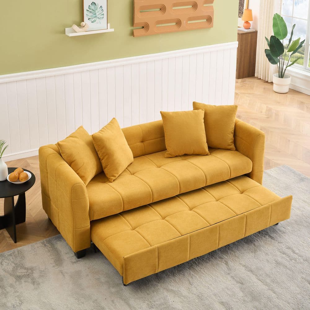 Yellow 77.9 in. Cloud Velvet Dual-Purpose 3-Seater Full Size Sofa Bed with 