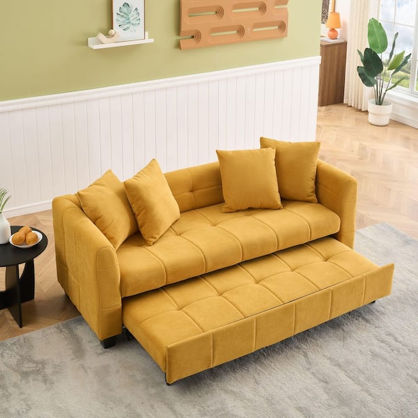 Yellow 77.9 in. Cloud Velvet Dual-Purpose 3-Seater Full Size Sofa Bed with Pull-Out Design