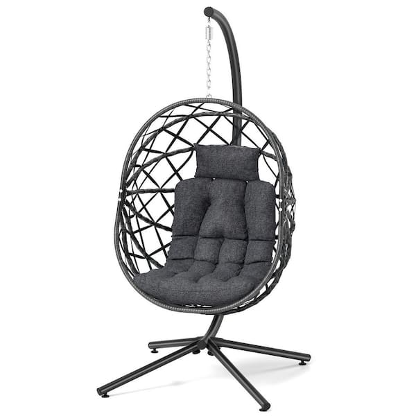 YIYEKE 1-Person Wicker Patio Swing Egg Chair with Stand and Gray Cushion