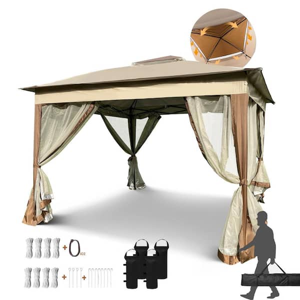 Siavonce 11 ft. x 11 ft. Coffee Outdoor Pop Up Gazebo Canopy w/Removable Zipper Netting, 2-Tier Soft Top Event Tent w/4 Sandbags