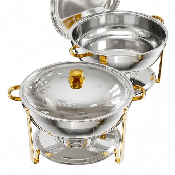 2-Pack 8 qt. Extra-Large Round Stainless Steel Chafing Dishes Buffet Warmer Set with Polished Lid Pack,