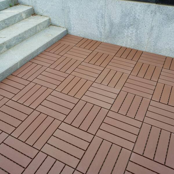 0.98 ft. W x 0.98 ft. L Plastic Interlocking Deck Tiles Square Waterproof Outdoor Floor Use in Dark Brown (44-Pack)
