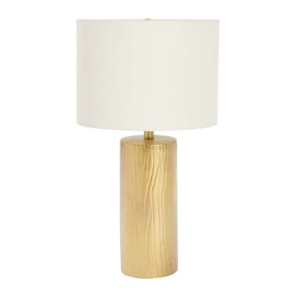 Storied Home 25 in. Gold Indoor Faux Bois Stoneware Table Lamp with Linen Shade