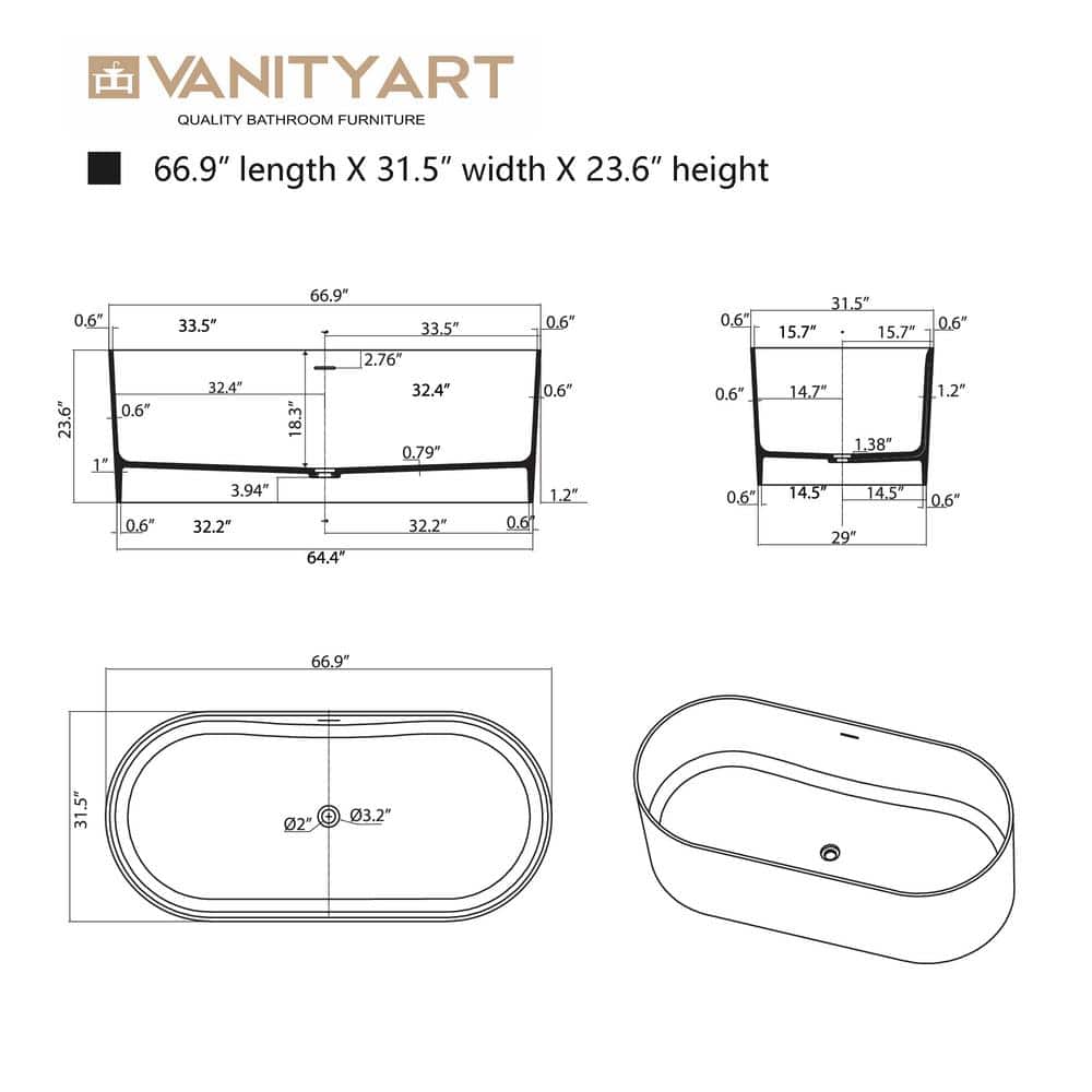 67" Matte White Stone Resin Freestanding Soaking Bathtub with Pop Up Drain