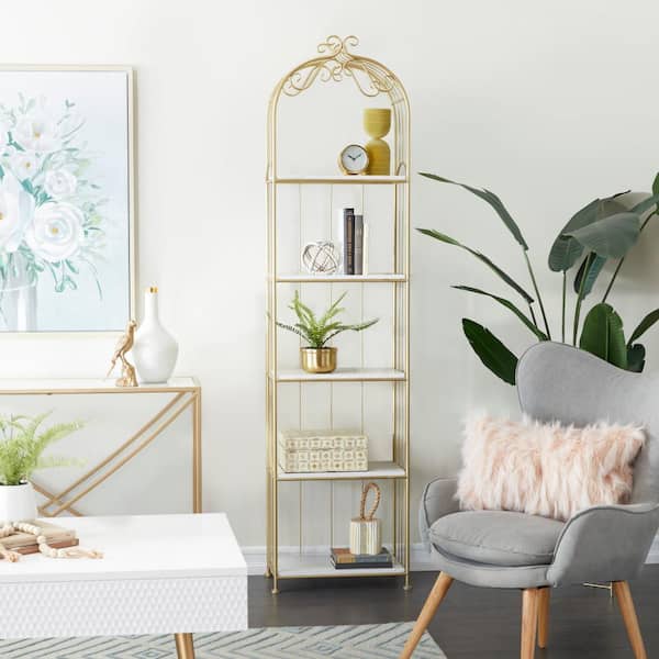 Litton Lane 79 in. Gold Marble Glam Shelving Unit