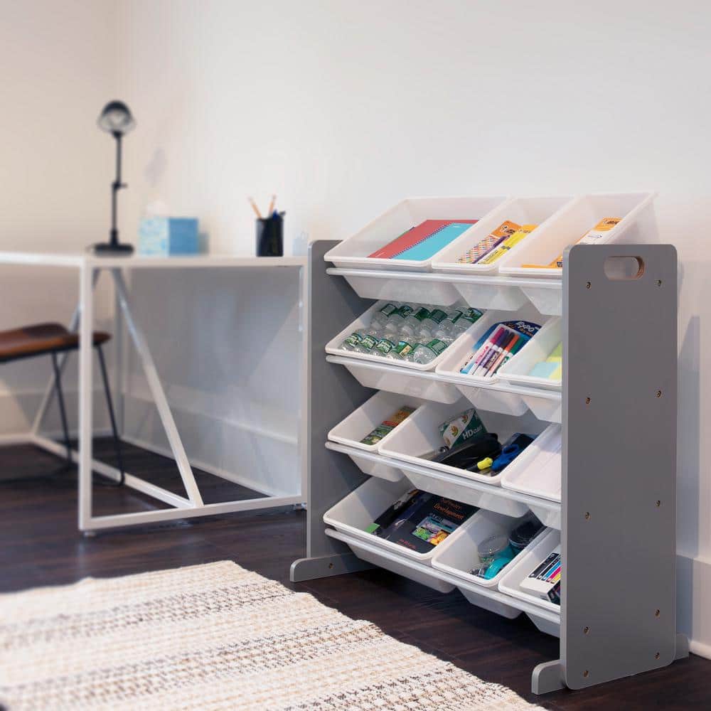 Gray and White 4-Tier Kids Toy Storage Organizer with 12 Bins