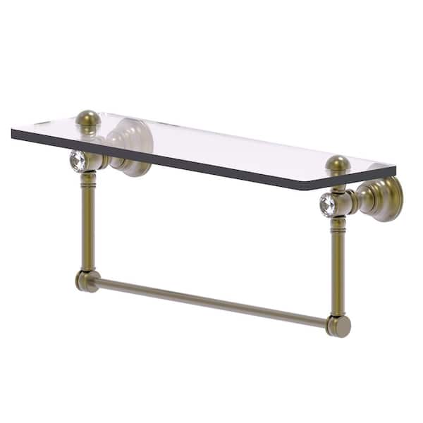 Allied Brass Carolina Crystal Collection 16 in. Glass Shelf with Integrated Towel Bar in Antique Brass