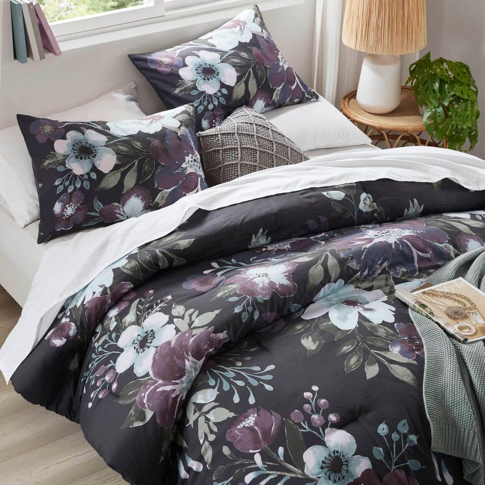 Dark Gray and Plum Floral Cotton Full Comforter Set