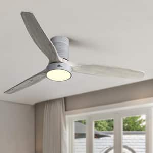 52 in. LED Indoor/Outdoor Flush Mount Smart Silver Ceiling Fan with Grey Wood Blades, 6-Speed DC Remote Control