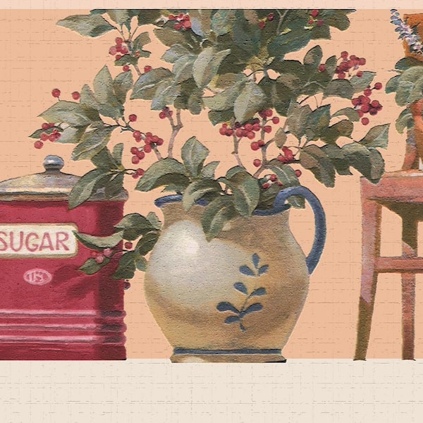 Dundee Deco Falkirk Dandy II Beige Red Green Flowers in Pots Country Peel and Stick Wallpaper Border