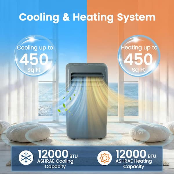 4 in 1 12,000 BTU ASHRAE Portable Air Conditioner Cools 450 sq. ft. with Heater & 91 pt. Dehum, Remote, Washable Filter