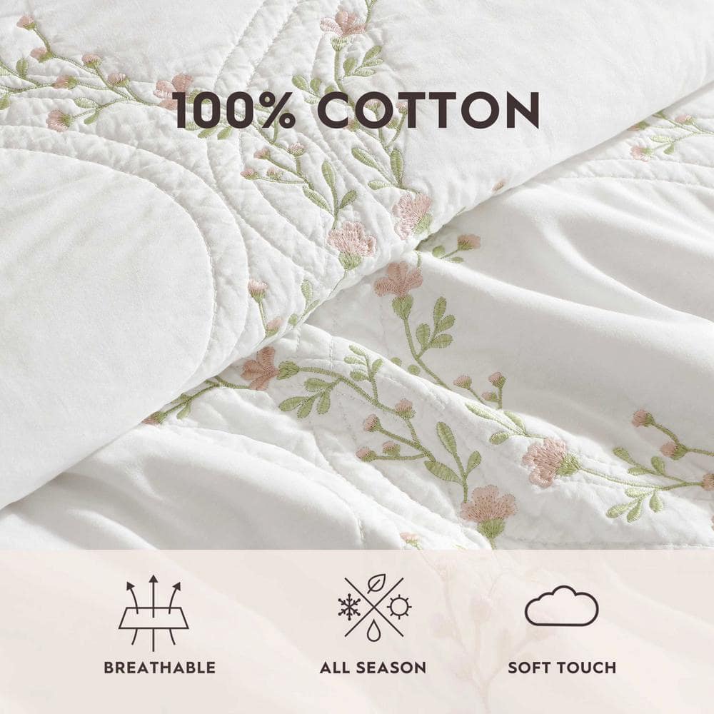 Pink Floral Embroidered Cotton Twin Quilt Set