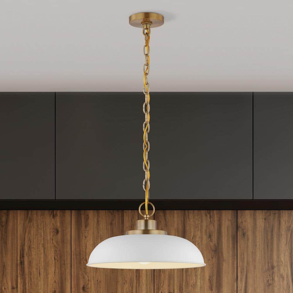 Matte White and Burnished Brass Modern Bowl Pendant Light