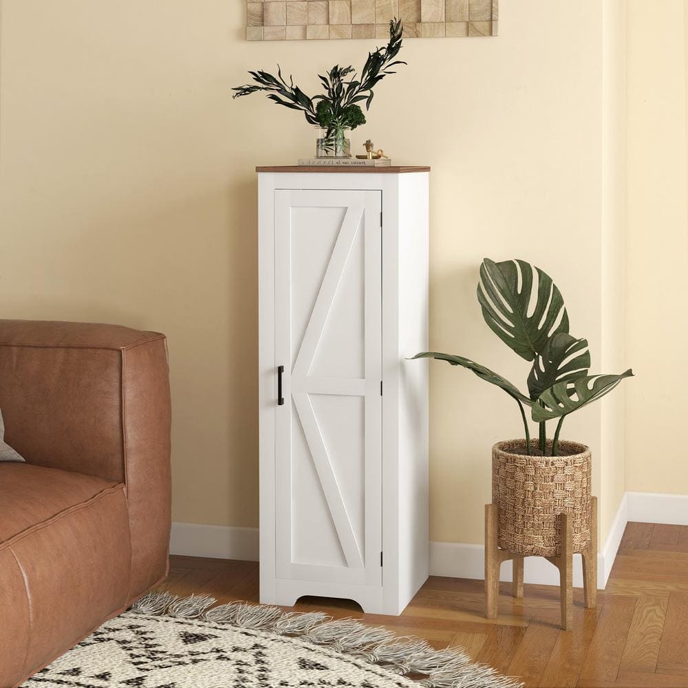 White Farmhouse Storage Cabinet with Adjustable Shelving and Barn Door