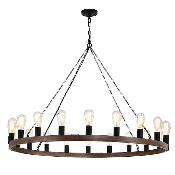 Jojospring Estrella 48 in. Dia 20-Light Antique Black Faux Wood Finish Metal Wagon Wheel Chandelier
