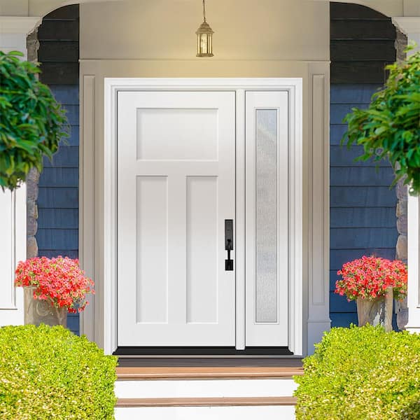 Legacy 53 in. x 80 in. 3 Panel Craftsman LHIS Unfinished White Fiberglass Prehung Front Door w/Rain 14 in.SL 4-9/16 Jamb