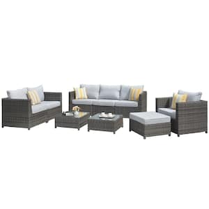 Victorie Gray 9-Piece Big Size Wicker Outdoor Patio Conversation Seating Set with Gray Cushions