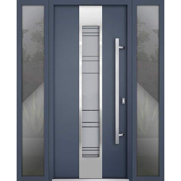 VDOMDOORS 0757 60 in. W. x 80 in. Left-hand/Inswing Frosted Glass Gray Graphite Steel Prehend Front Door with Hardware
