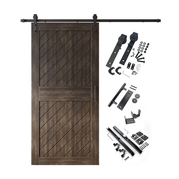 HOMACER XT1 40 in. x 84 in. C-Panel Ebony Slanted Stripe Design Solid Pine Wood Sliding Barn Door with Hardware Kit