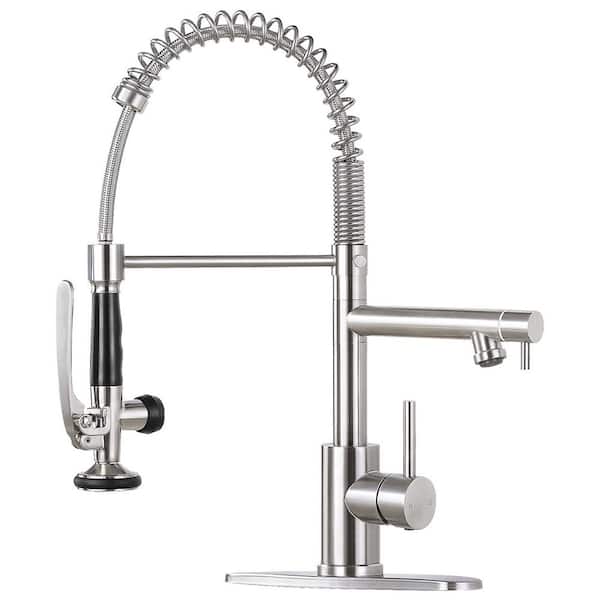 Brushed Nickel 20 in. H Pull Out Sprayer Kitchen Faucet with 2-Spout 360° Spout Swivel Commercial Kitchen Faucets