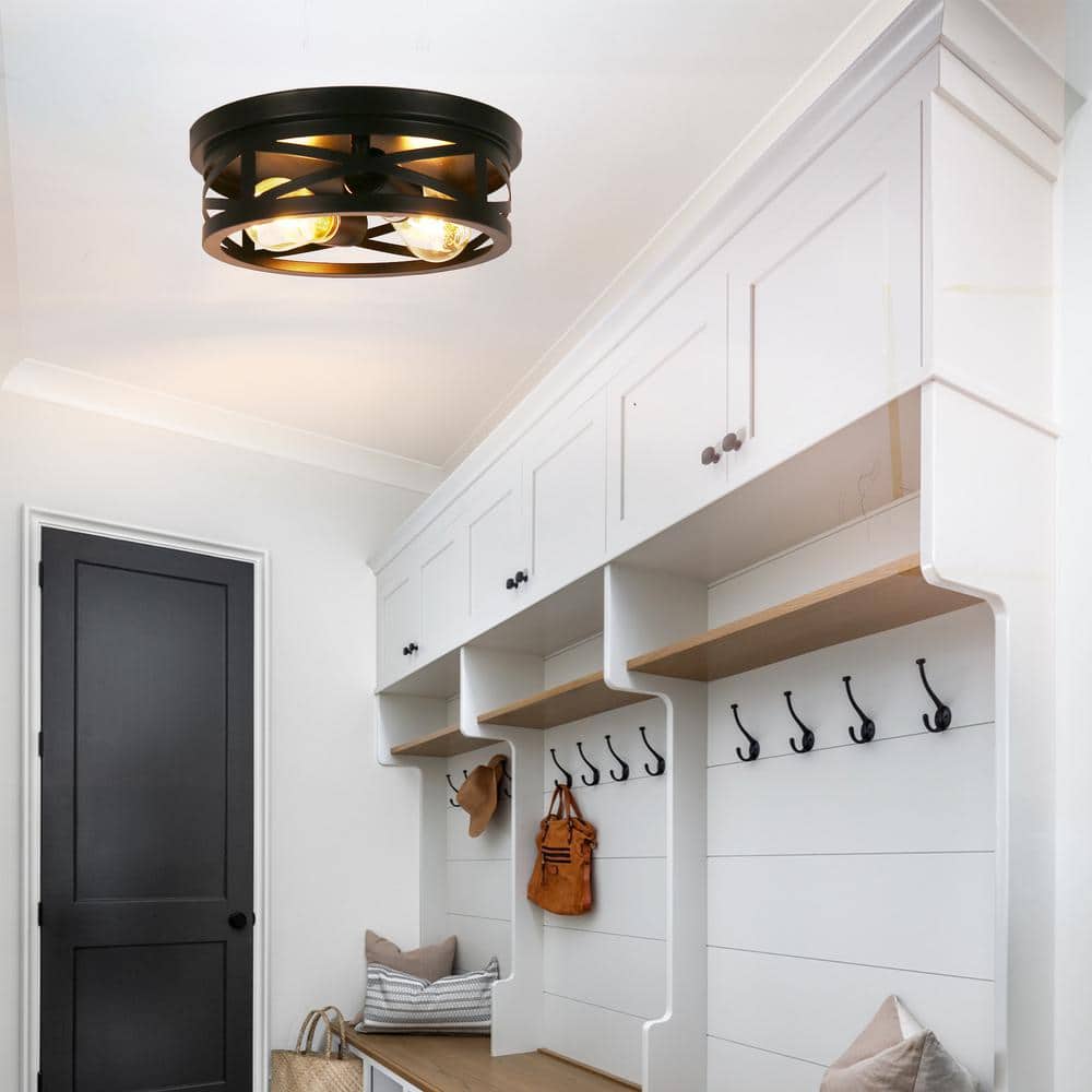 Black Metal Cage Drum Flush Mount Ceiling Light, 2-Pack