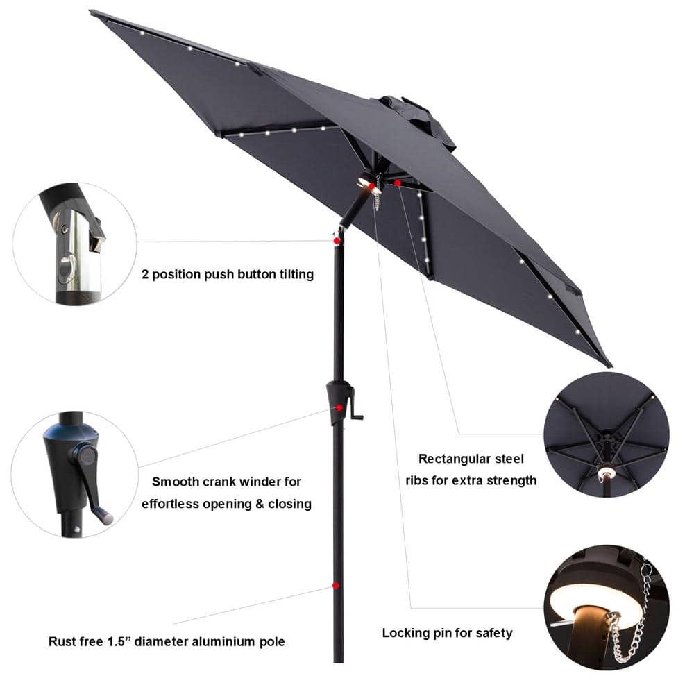 7.5 ft Anthracite Steel Market Patio Umbrella with LED Lights