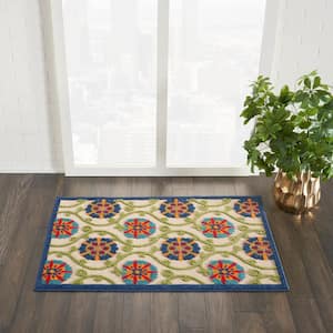 Aloha Easy-Care Blue/Multicolor 3 ft. x 4 ft. Floral Modern Indoor/Outdoor Patio Kitchen Area Rug