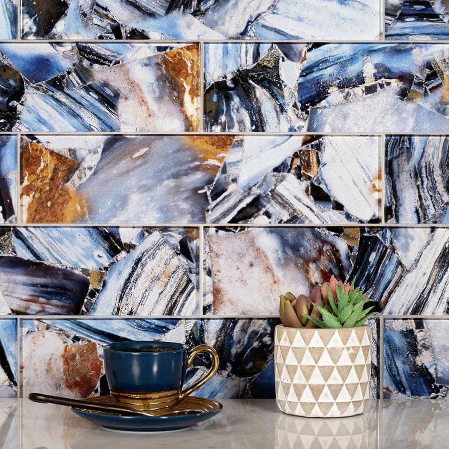 Carnelian 3" x 12" Glossy Brown and Blue Glass Subway Tile