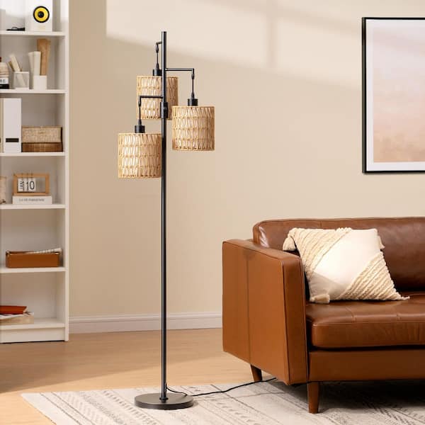 EDISHINE 65 in. Brown Finish Smart 1-Light Dimmable E26 Tree Floor Lamp for Living Room with Rattan Drum Shade, 3 Bulbs Included