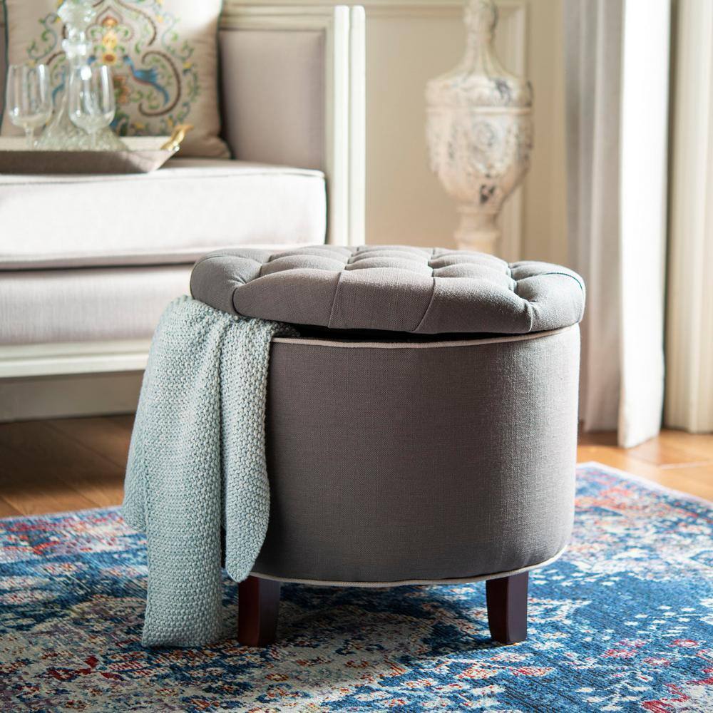 Amelia Gray Tufted Round Storage Ottoman with Oak Legs