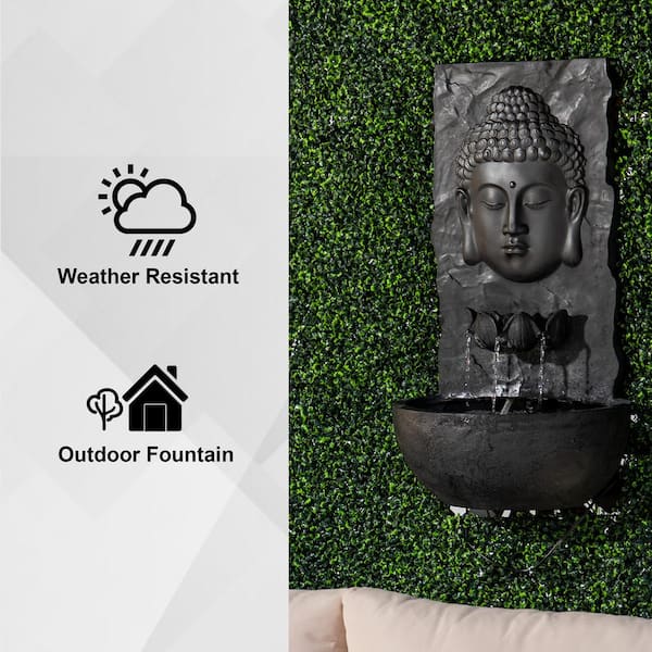 30 in H Fiber Resin Wall Buddha Zen Outdoor Garden Water Fountain w/ warm LED Light, Black