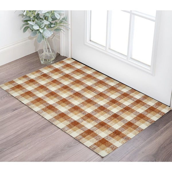 2 ft. x 3 ft. Orange Beige And Brick Red Wool Plaid Hand Tufted Area Rug