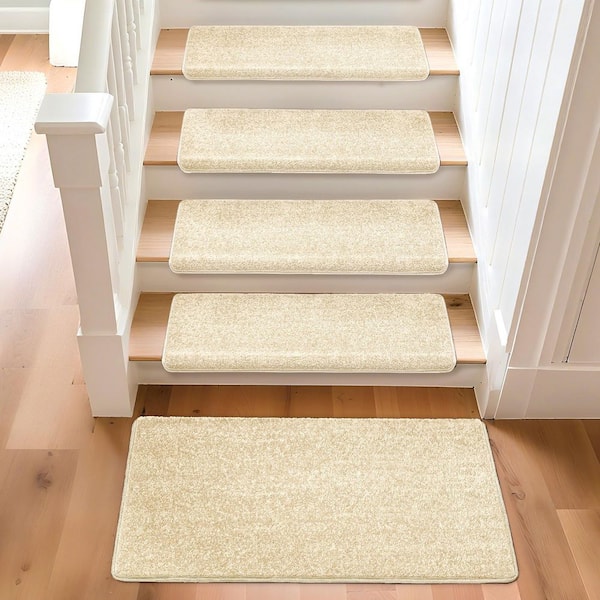 PURE ERA Beige 9.5 in. x 30 in. x 1.2 in. Bullnose Polypropylene Non-slip Carpet Stair Tread Cover With Landing Mat (Set of 15)