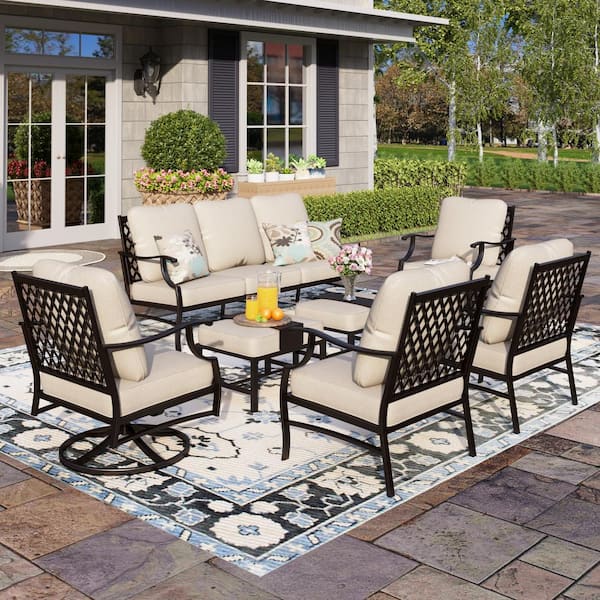 PHI VILLA Black Meshed 9-Seat 7-Piece Metal Outdoor Patio Conversation Set with Beige Cushions,2 Swivel Chairs and 2 Ottomans