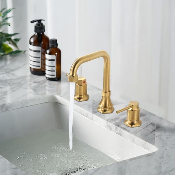 3 Hole 8 in. Widespread Double Handle Bathroom Faucet with Pop up Drain and Hose in Gold (1-Pack)