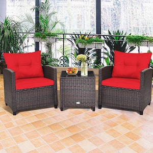 3-Pieces Rattan Outdoor Patio Conversation Set with Coffee Table, Red Cushion