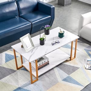 39.37 in. L Marble White Top 17.91 in. H Rectangle MDF 2-Layers Coffee Table with 1-Pieces with Golden Legs