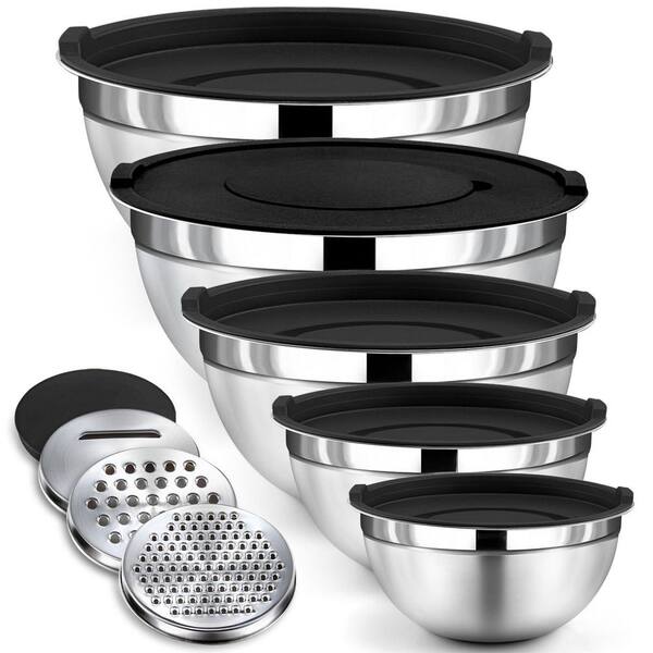 5-Piece Black Mixing Bowls with Lids Set, Stainless Steel Mixing Bowls With 3 Grater Attachments for Baking and Serving