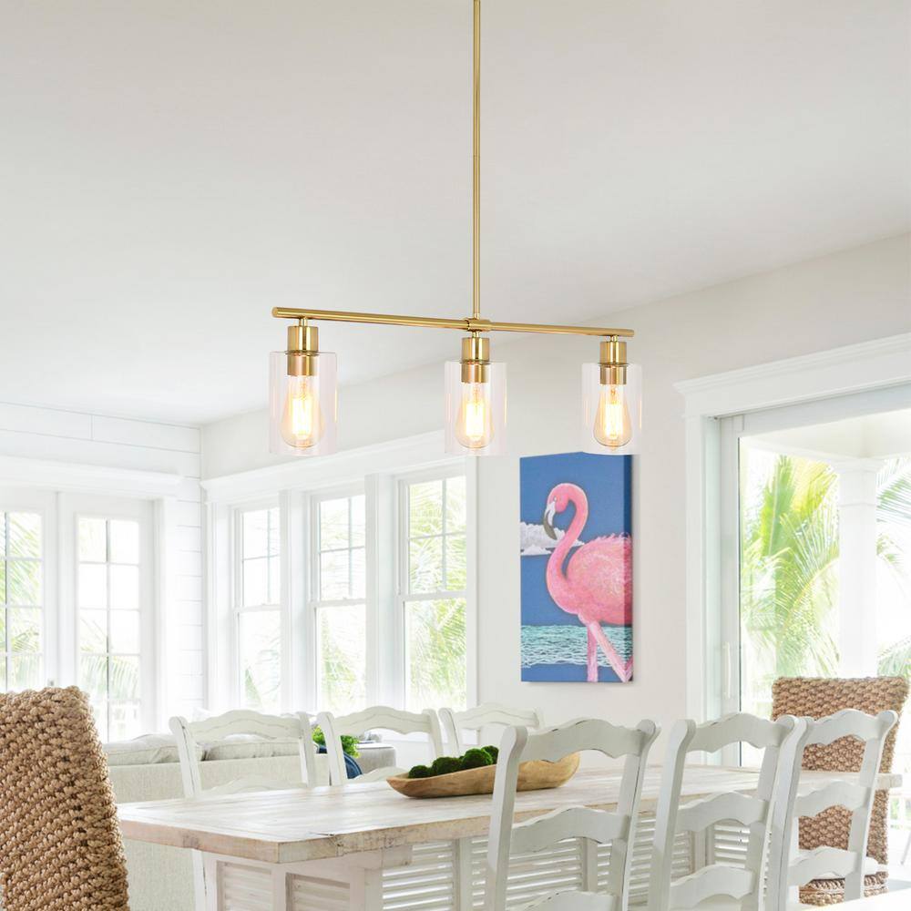Gold Linear 3-Light Pendant with Clear Glass Shades