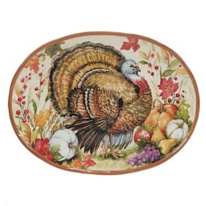 Harvest Blessings 16 in. x 12 in. Assorted Colors Earthenware Turkey Oval Platter (Set of 1)