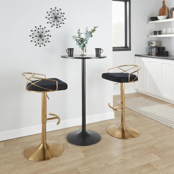 Lumisource Charlotte Glam 32.75 in. Black Velvet and Gold Metal Adjustable Bar Stool with Rounded T Footrest (Set of 2)