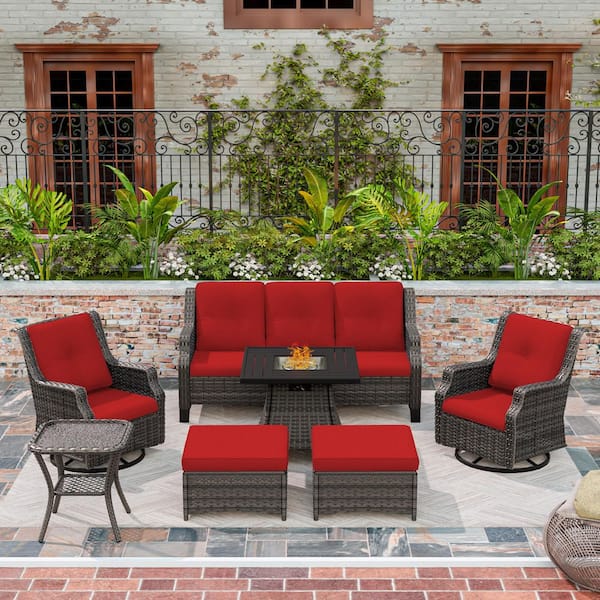 7-Piece Wicker Outdoor Patio Fire Pit Seating Sofa Set with Red Cushions