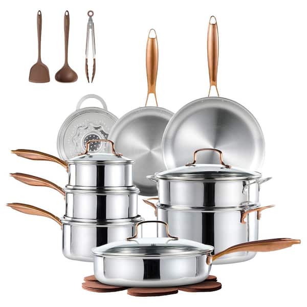 23-Piece Silver Tri-Ply Stainless Steel Cookware Set Nonstick Induction Compatible Pots and Pans Kitchen Set