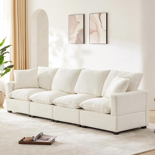 110 in. Straight Arm 4-Seat Chenille Rectangle Sectional Sofa in White with 2 Pillows, Freely Combinable Seats