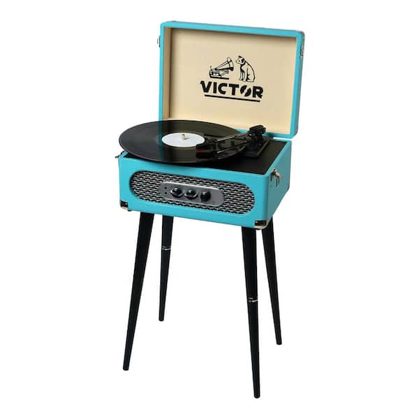 Victor Andover Music Center Bluetooth Record Player Turntable, FM Radio, Built-in Stereo Speakers, Chair Height Legs, Turquoise