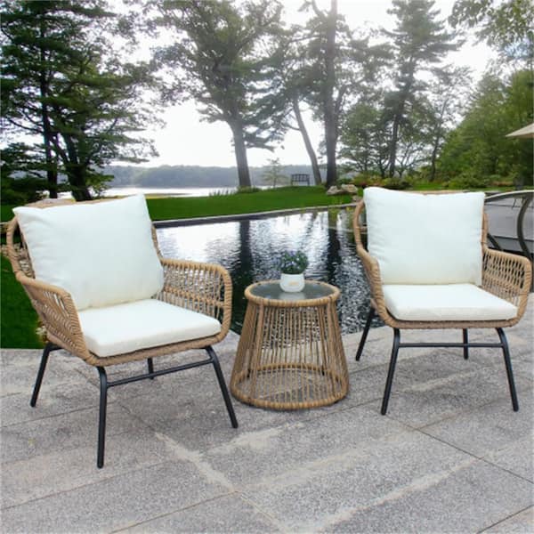 Afoxsos 3-Piece Wicker Patio Conversation Set, Brown Wicker Chair Set with Beige Cushion and Round Tempered Glass Table