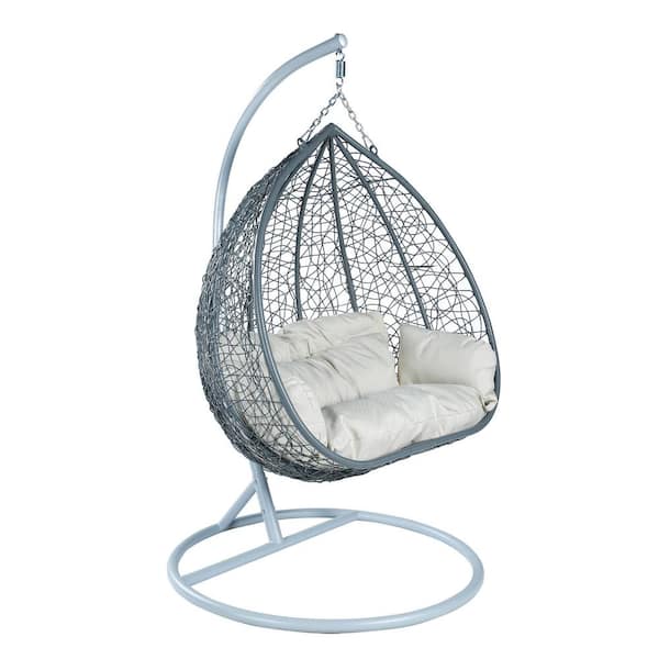Hanging Metal Porch Swing Chair in Grey Stainless Steel Frame with Cushions Recluse Collection in Beige
