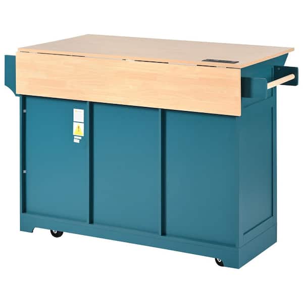 Green Movable Kitchen Cart with 2-Folding Kitchen Countertops and 3-Drawer Storage Function